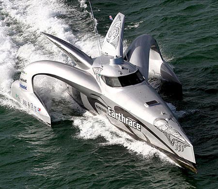 This futuristic speed boat is powered completely by biomass fuels, including fuel produced by the owners body fat.